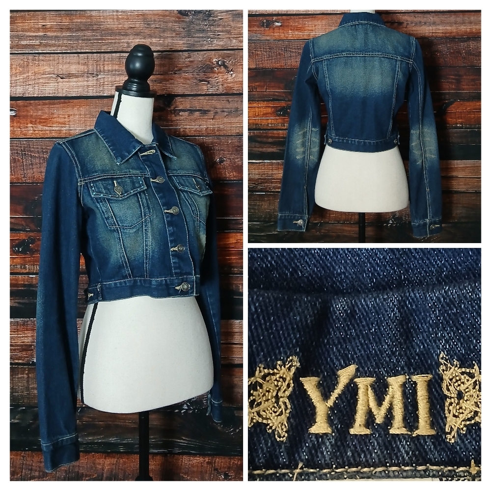 YMI Jean Jacket M Cropped Dark Blue Denim Distressed Rhinestone
